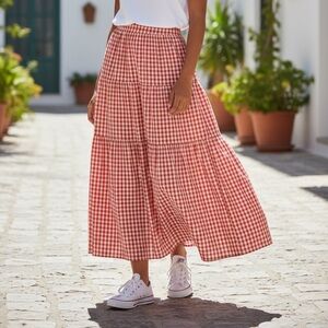 Ten Sixty Sherman Red Gingham Tiered Maxi Skirt